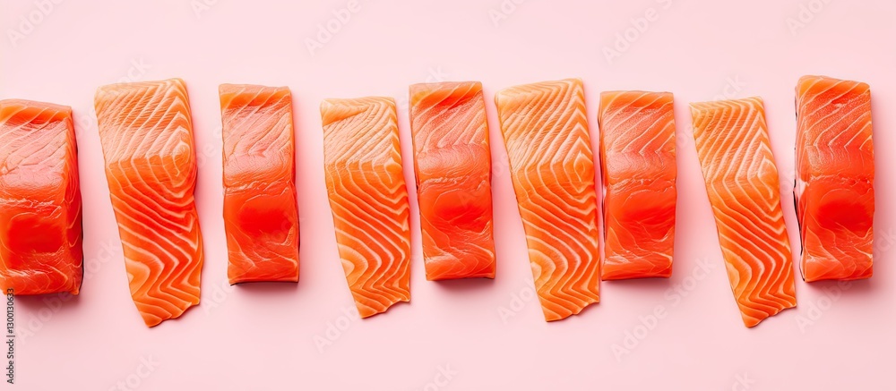 Poster fresh raw salmon fillet slices arranged in a straight line on a soft pink background with vibrant or