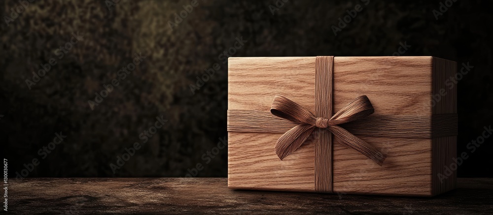 Poster wooden gift box with brown ribbon positioned on a rustic wooden table against a dark textured backgr