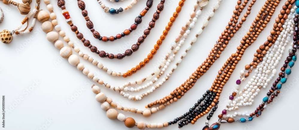 Aufkleber Natural material necklaces in various earthy tones arranged in a flowing pattern against a clean white background showcasing texture and design.