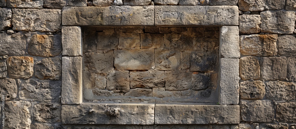 Aufkleber Ancient stone window frame embedded in a weathered brick wall with a textured surface and ample copy space above for text or branding.
