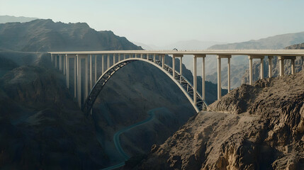 Elevated Concrete Bridge Spanning Arid Rocky Terrain Under Clear Blue Sky