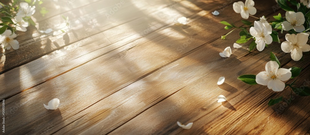 Poster spring scene featuring white blossoms and sunbeams illuminating a rustic wooden table with delicate 