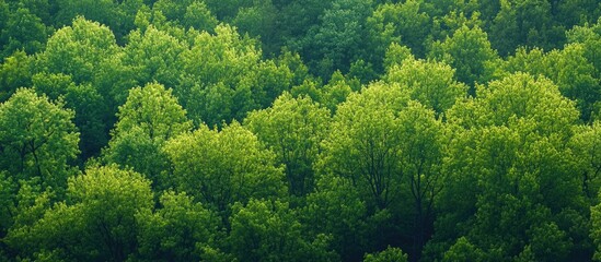 Naklejka premium Aerial view of vibrant green deciduous forest under soft light showcasing lush foliage and diverse textures in a serene natural landscape