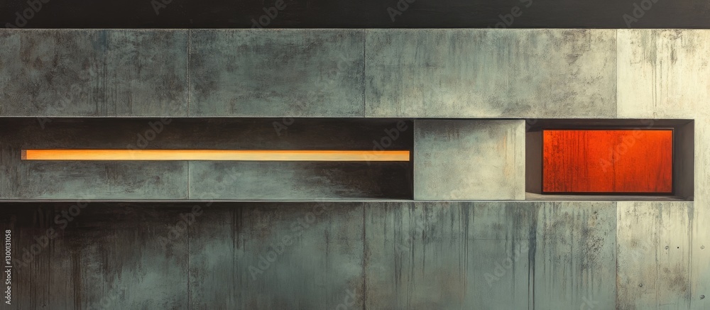 Leinwandbilder Abstract industrial composition featuring a metallic surface with a horizontal orange line and a red rectangle on the right against a gray background.