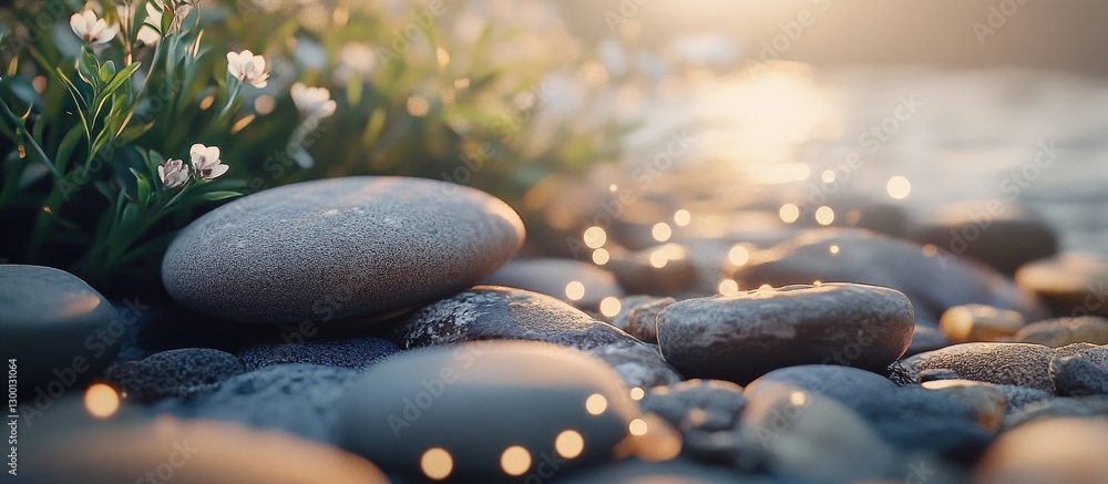 Aufkleber calm river stones surrounded by soft bokeh lights and delicate flowers bathed in warm sunlight creat