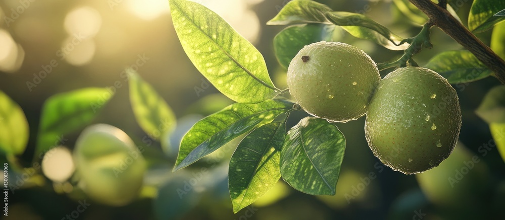 Aufkleber Fresh green walnuts hanging on branches surrounded by lush leaves illuminated with soft sunlight creating a serene natural atmosphere.