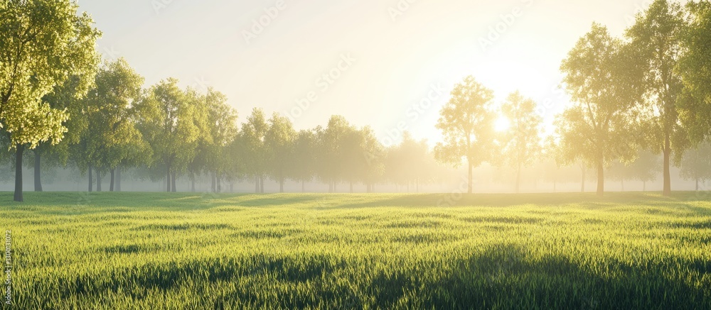 Poster morning sunlight illuminating a lush green meadow with dew-kissed grass and soft fog enveloping leaf
