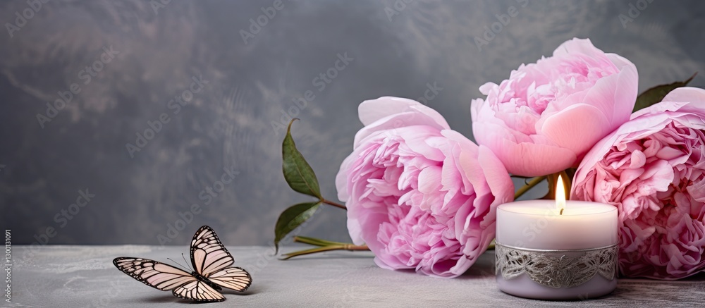 Aufkleber delicate pink peonies and a lit candle arranged on a soft gray background with a subtle butterfly on
