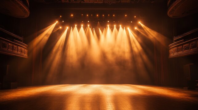 Illuminating stage lights transforming a drama performance theater performance art indoor setting audience perspective theatrical magic