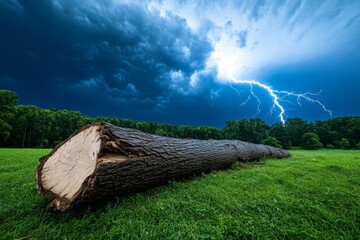 A tree split in half after being struck by lightning during a powerful storm