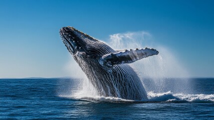 Fototapeta premium Whale breaching through misty waters ocean wildlife photography natural environment aerial perspective majestic encounter