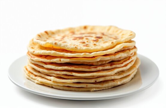 Stack of flatbreads, roti, chapati parotta on plate against white background. Delicious indian homemade baked snack on lunch, dinner, breakfast. Bakery photography, oriental cuisine, culinary, tasty