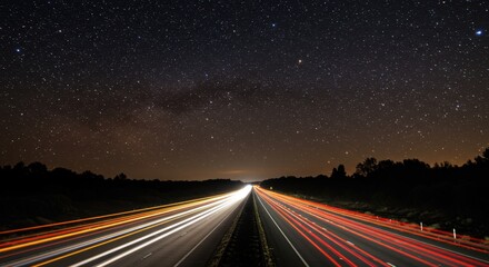Highway at Night with Starry Sky and Long Exposure Light Trails