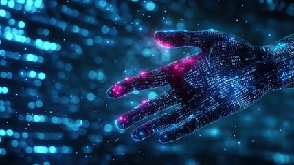 Digital robotic hand touching futuristic screen with flowing binary code, representing innovative technology and data analysis in virtual reality background