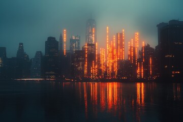 Cityscape at Dusk Orange Lights Reflecting on Water