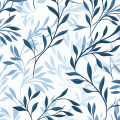 Deep Blue Leaves Seamless Pattern on White Background.
