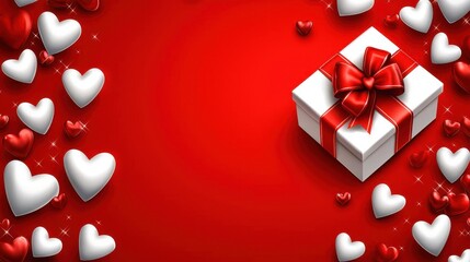 White Gift Box with Red Ribbon Surrounded by Red and White Hearts on Red Background