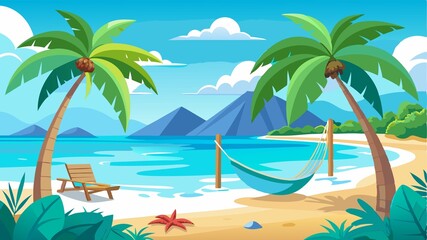 Obraz premium Crystal-clear turquoise water gently washes ashore on a vibrant tropical beach, its pristine sands beckoning relaxation, while a hammock nestled between palm trees offers the perfect spot for peacefu