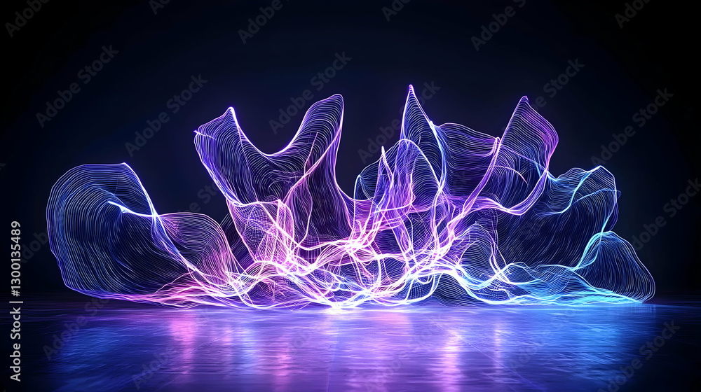 Poster abstract digital art visualization of glowing blue and pink wave form in dark background with light 