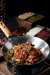 Hunan cuisine roasted pork with garlic sprouts, chopped pepper and black bean sauce