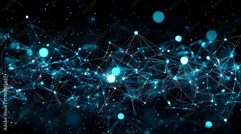 Poster abstract digital network of illuminated blue dots and lines on black background