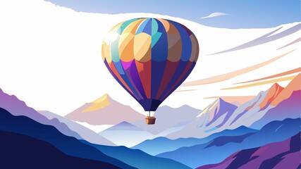 Naklejka premium A colorful hot air balloon, a vibrant splash of color against the vast expanse of the sky, floats serenely above a majestic mountain range, its gentle movement creating a peaceful and captivating sce