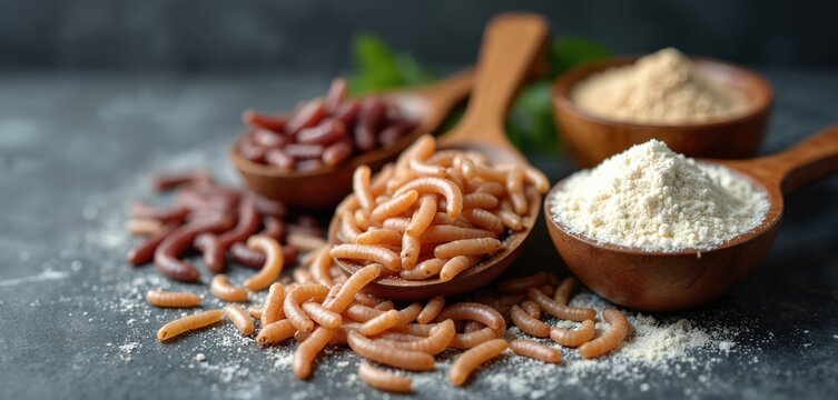 Mealworms and flour are placed in wooden spoons on table. Edible tenebrio molitor larvae are source of protein in culinary products. Roasted snack alternative, healthy food ingredient.