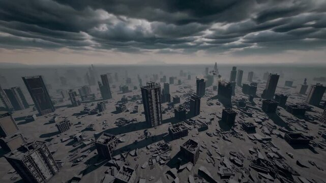 Devastated cityscape showing widespread destruction, barren ground stretching beneath threatening overcast sky, revealing urban desolation