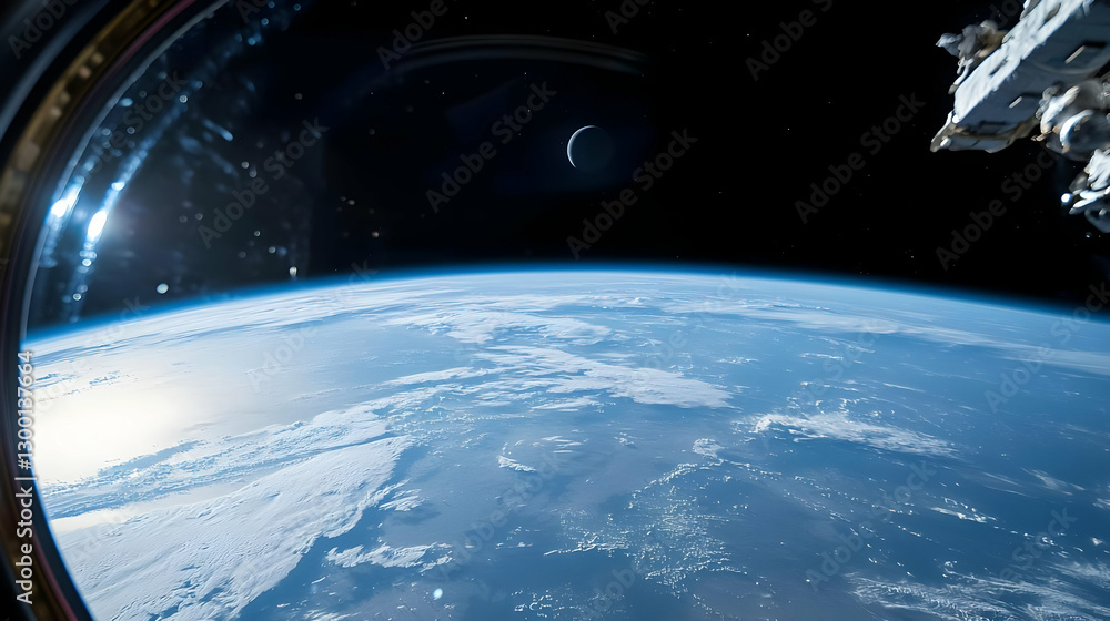 Aufkleber earth view from space through circular window showing blue planet ocean and atmosphere