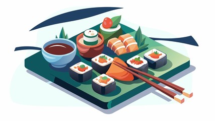 Small bowls of vibrant dipping sauces add pops of color and flavor to a delectable plate of sushi, its assorted rolls artfully arranged to showcase a variety of textures and tastes, creating a visual