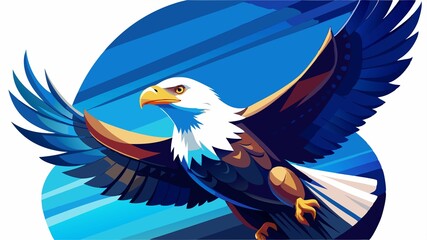 Fototapeta premium Against the boundless expanse of a clear blue sky, a majestic eagle, a symbol of freedom and power, takes flight, its feathered form a breathtaking spectacle of grace, strength, and untamed beauty.