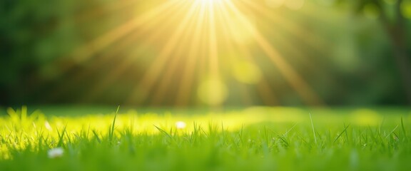 Obraz premium Bright Sun Rays Shining on Green Grass Field with Blurred Background
