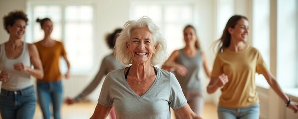 Senior woman smiles, dances in class with group of diverse people. Silver hair. T-shirt fitness, health, active lifestyle community joy, fun, happy energy, positive movement, exercise indoors.