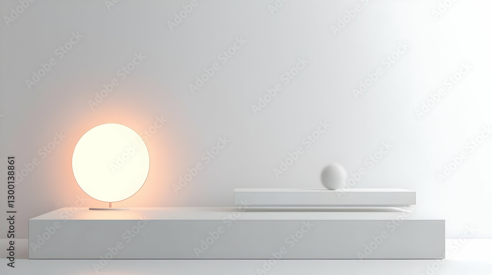Aufkleber abstract studio setup with illuminated sphere and minimalist white geometric shapes