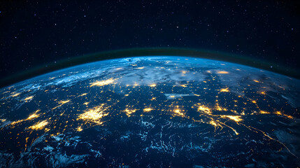 Obraz premium Blue Planet Earth At Night With City Lights Against Dark Starry Sky