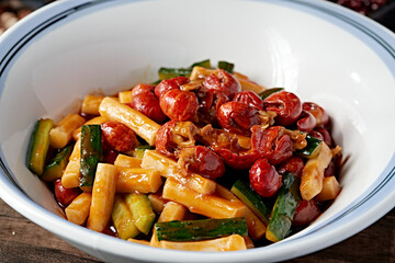Sautéed Cucumber Strips, Korean Rice Cake, and Crayfish Tail