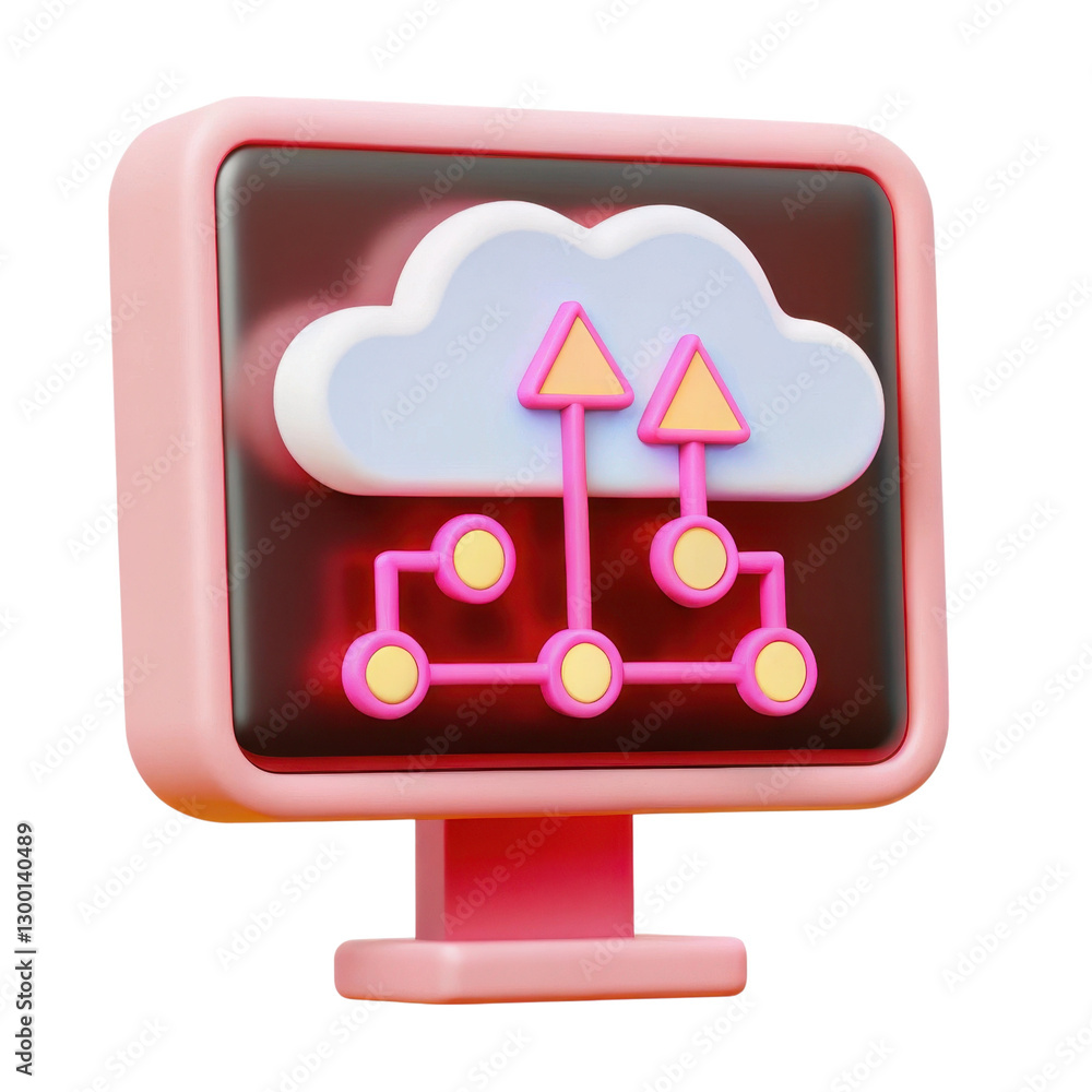 Poster colorful cloud icon on a monitor with arrows and flowchart elements.