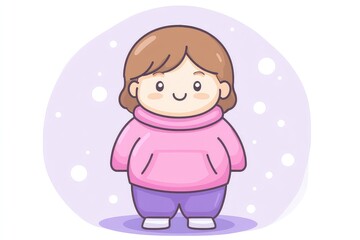 Fototapeta premium Cute cartoon character wearing a pink hoodie and purple pants standing in a snowy background