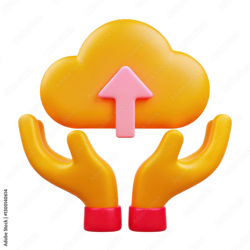Poster colorful hands holding a cloud symbol with an upload arrow, representing cloud storage and data mana