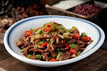 Hunan-style stir-fried chicken with rice pepper and celery