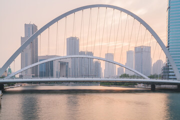 Fototapeta premium The urban architectural skyline, modern bridges, and Haihe River scenery of Tianjin, China on August 11, 2024