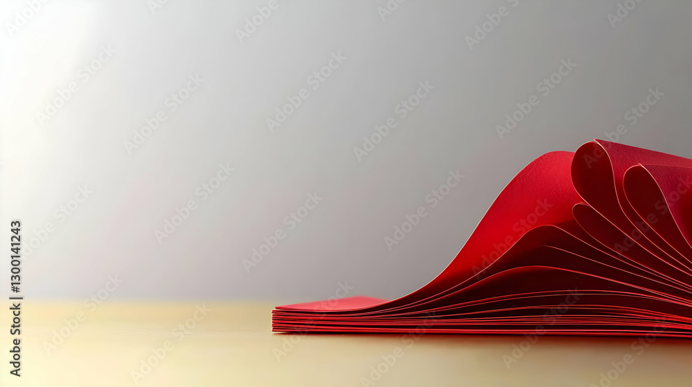 Poster folded red paper sheets displaying wave patterns on light brown surface with white background