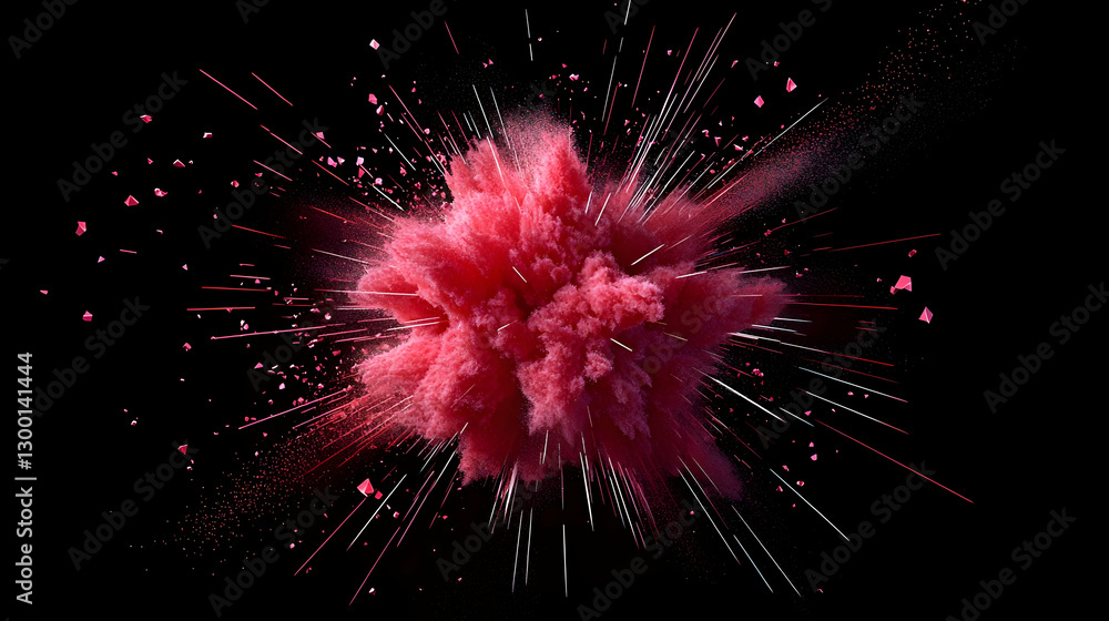 Poster pink explosion of particles and smoke against a black background creates a dynamic and abstract visu