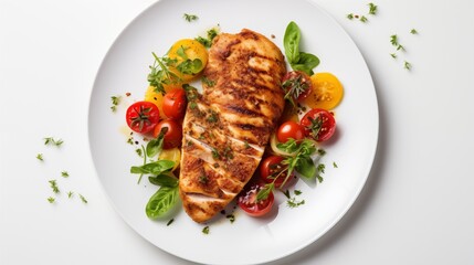 top view of healthy chicken fillet meal on white plate for weight loss background. Generative ai
