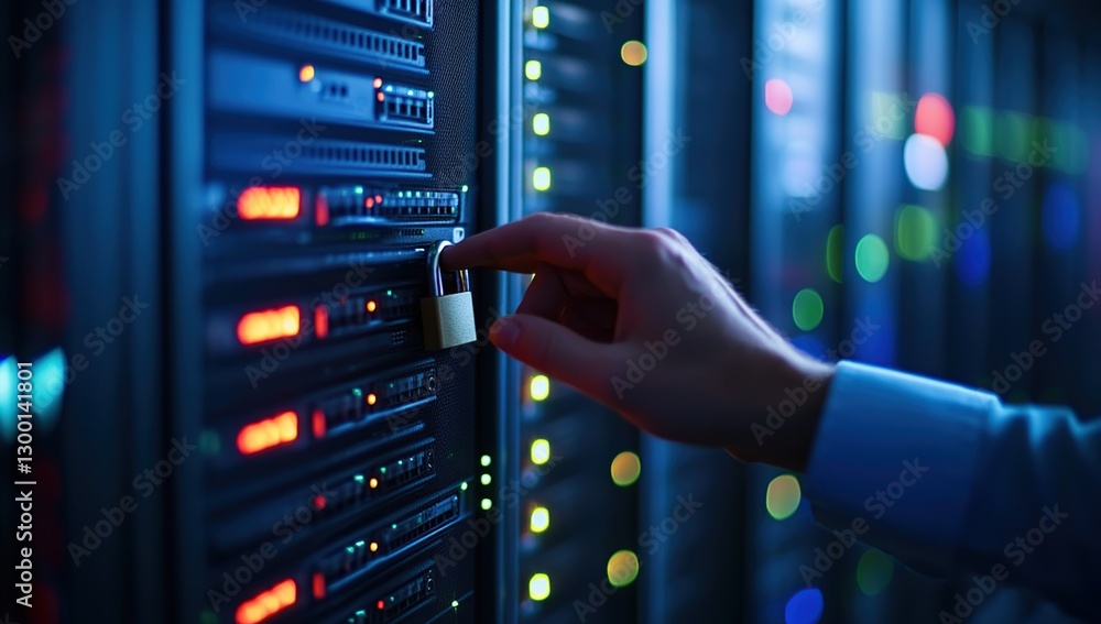 Poster hand securing server rack lock in data center