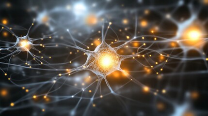 Glowing neurons network revealing complex neural connections in the brain