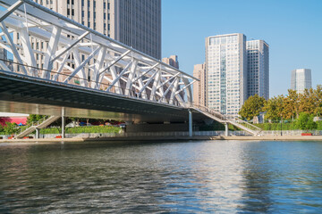 Naklejka premium The urban architectural skyline, modern bridges, and Haihe River scenery of Tianjin, China on August 11, 2024