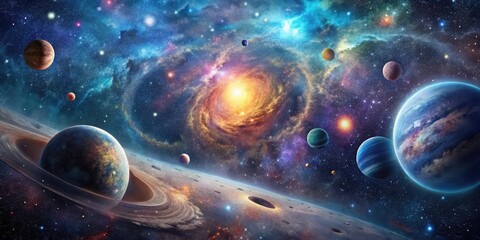 Cosmic landscape, galaxies and planets in the vast space, starry sky, cosmic beauty