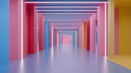 Obraz premium Colorful Neon Tunnel with Geometric Columns and Bright Lighting