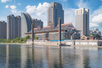 Obraz premium The urban architectural skyline, modern bridges, and Haihe River scenery of Tianjin, China on August 11, 2024